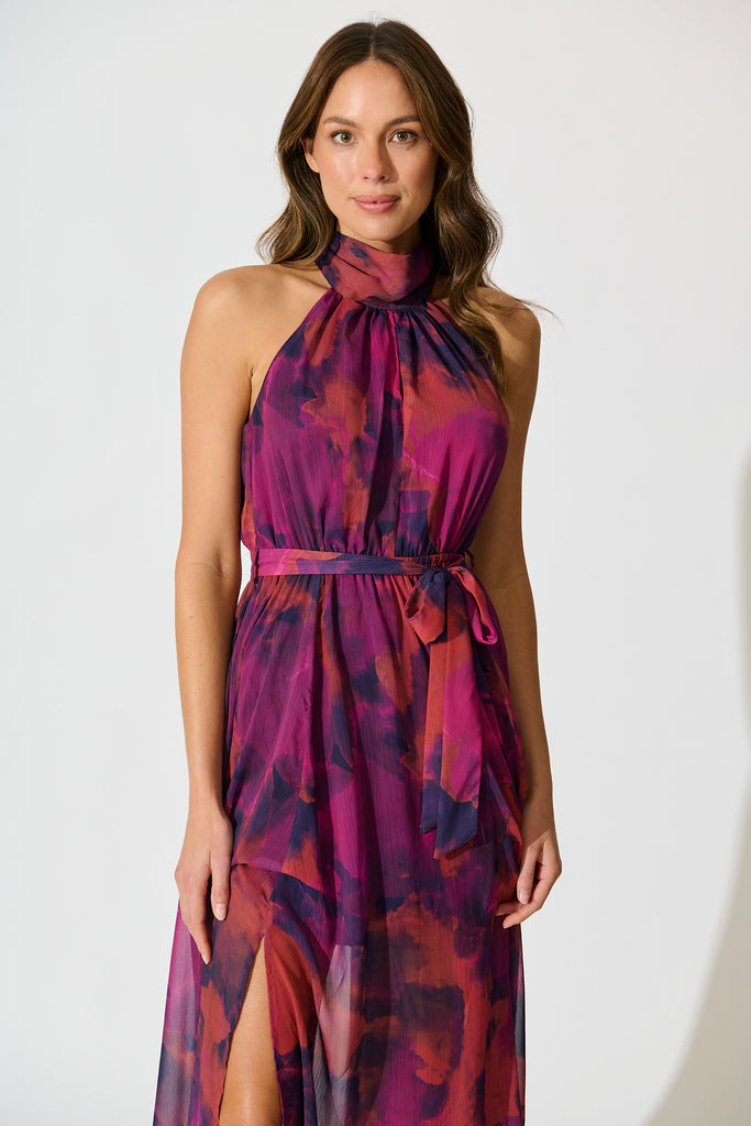 Kiss Me Halter Neck Maxi Dress in Purple Watercolour Chiffon front