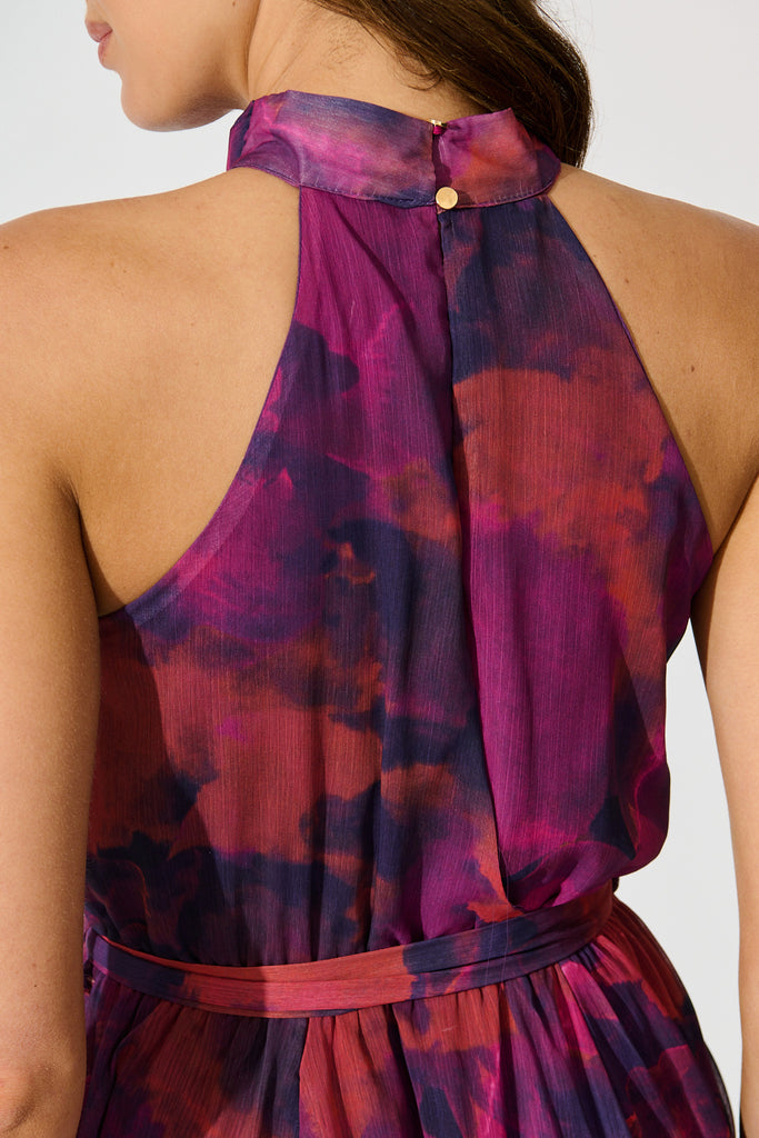 Kiss Me Halter Neck Maxi Dress in Purple Watercolour Chiffon detail