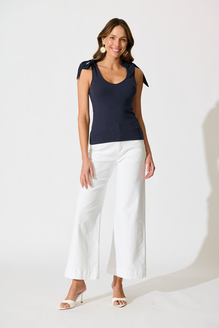 Tied With Love Knit Top with Bow in Navy full length
