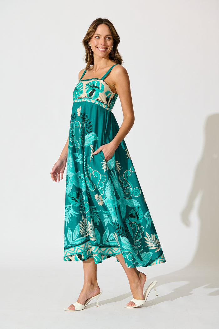 Addilyn Maxi Sundress in Green and White Leaf Print side