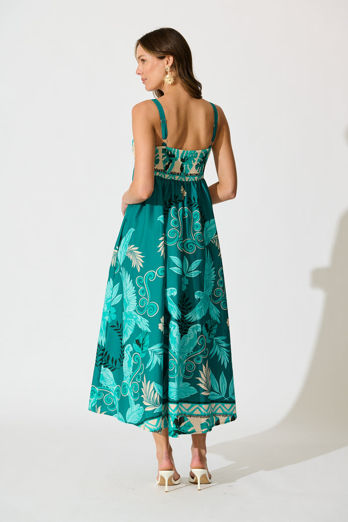 Addilyn Maxi Sundress in Green and White Leaf Print back