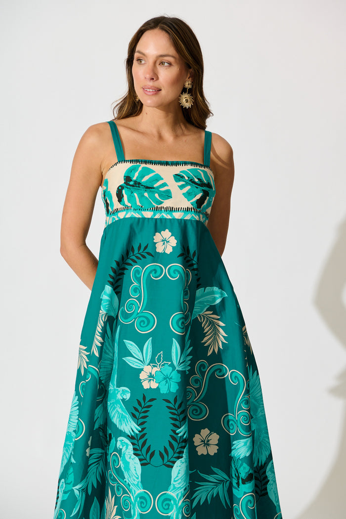 Addilyn Maxi Sundress in Green and White Leaf Print front