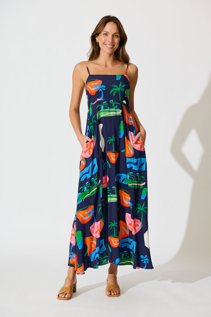 Dusky Petals Maxi Sundress in Navy Multi Print full length
