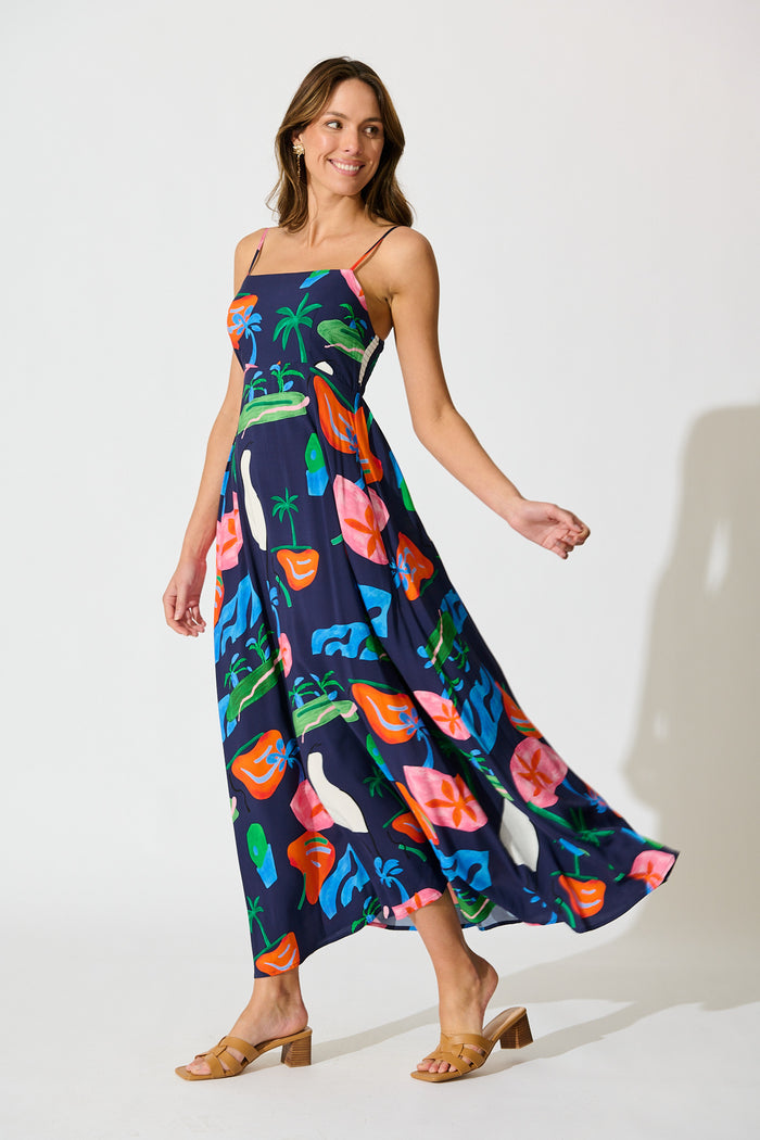 Dusky Petals Maxi Sundress in Navy Multi Print side