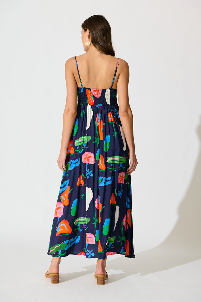 Dusky Petals Maxi Sundress in Navy Multi Print back
