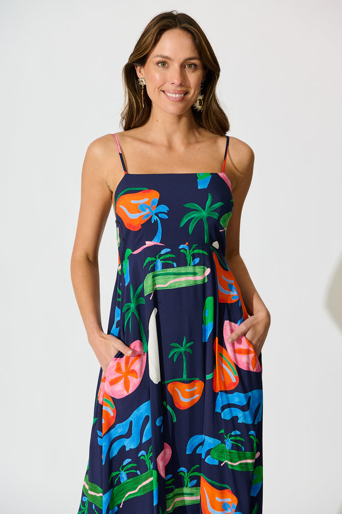Dusky Petals Maxi Sundress in Navy Multi Print front
