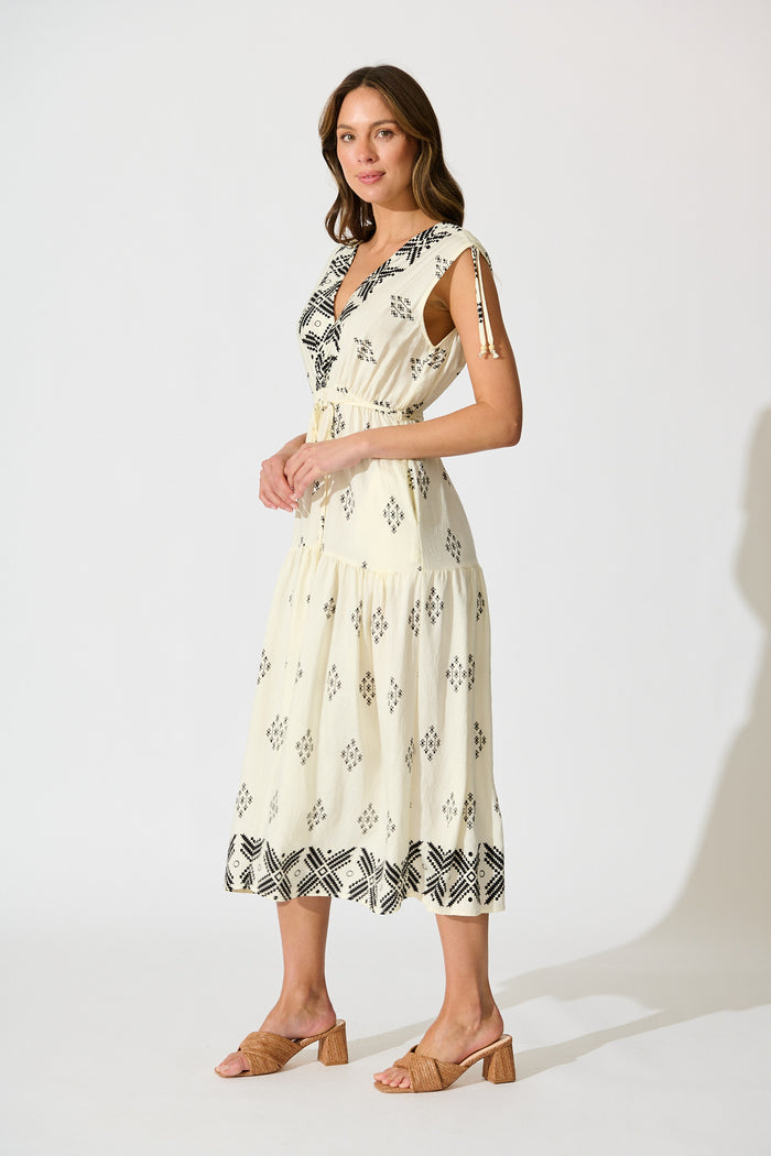 Amabelle Midi Dress in Cream with Black Border Linen Blend side