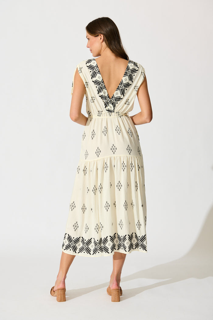 Amabelle Midi Dress in Cream with Black Border Linen Blend back