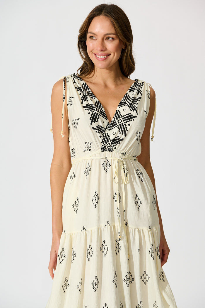 Amabelle Midi Dress in Cream with Black Border Linen Blend front