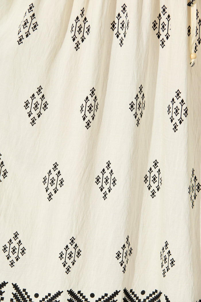 Amabelle Midi Dress in Cream with Black Border Linen Blend fabric