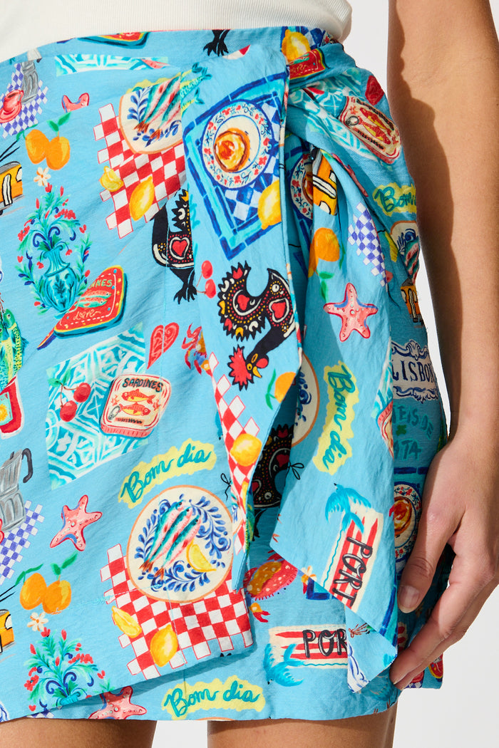 Rita Skirt in Blue Multi Conversational Print detail