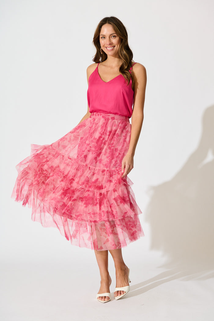 Sky Bloom Midi Skirt in Pink Floral Tulle full length