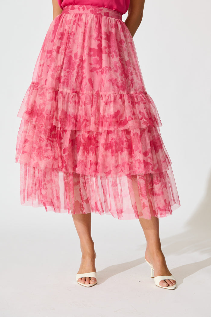 Sky Bloom Midi Skirt in Pink Floral Tulle front