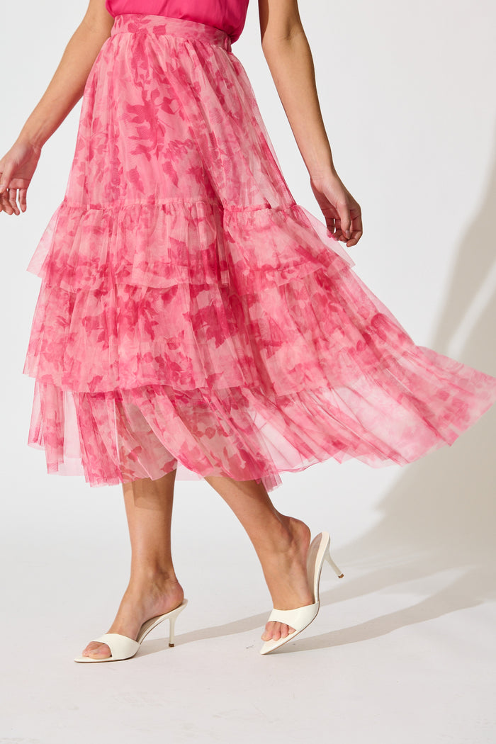 Sky Bloom Midi Skirt in Pink Floral Tulle side