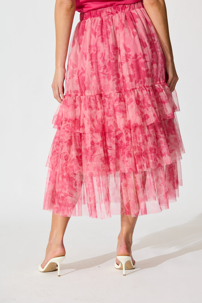 Sky Bloom Midi Skirt in Pink Floral Tulle back