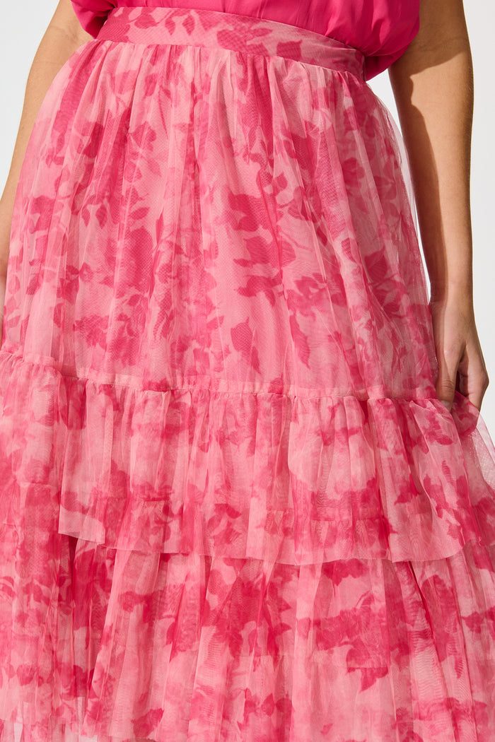 Sky Bloom Midi Skirt in Pink Floral Tulle detail