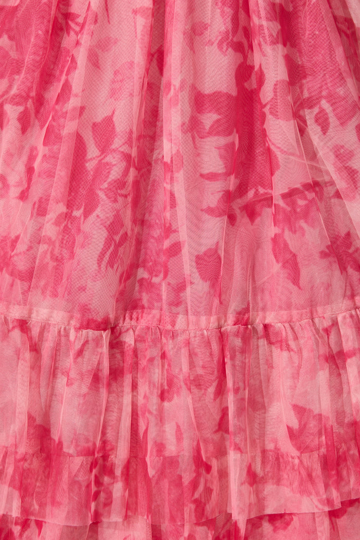 Sky Bloom Midi Skirt in Pink Floral Tulle fabric