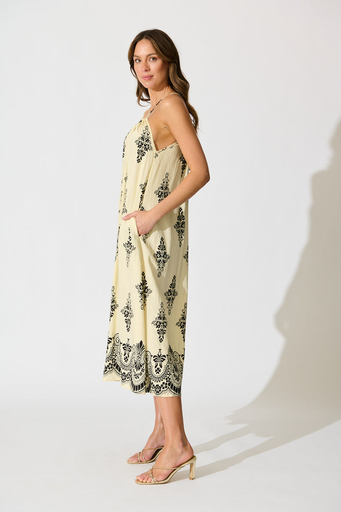 Ovina Maxi Sundress in Cream with Black Border Print Linen Blend side