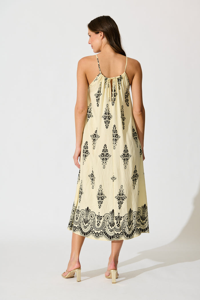 Ovina Maxi Sundress in Cream with Black Border Print Linen Blend back