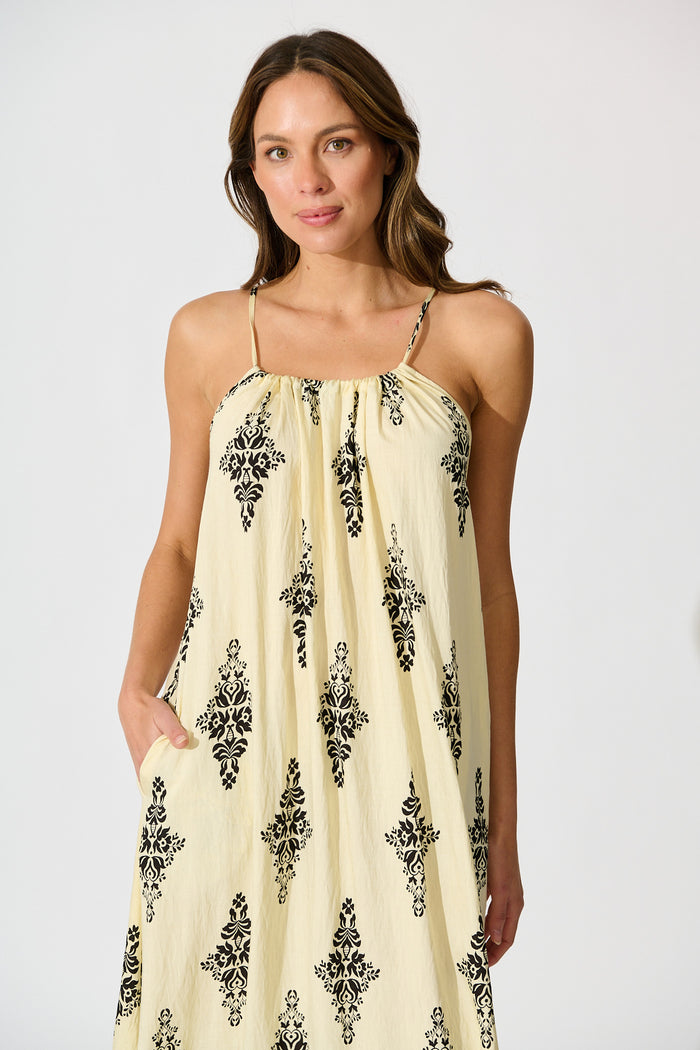 Ovina Maxi Sundress in Cream with Black Border Print Linen Blend front