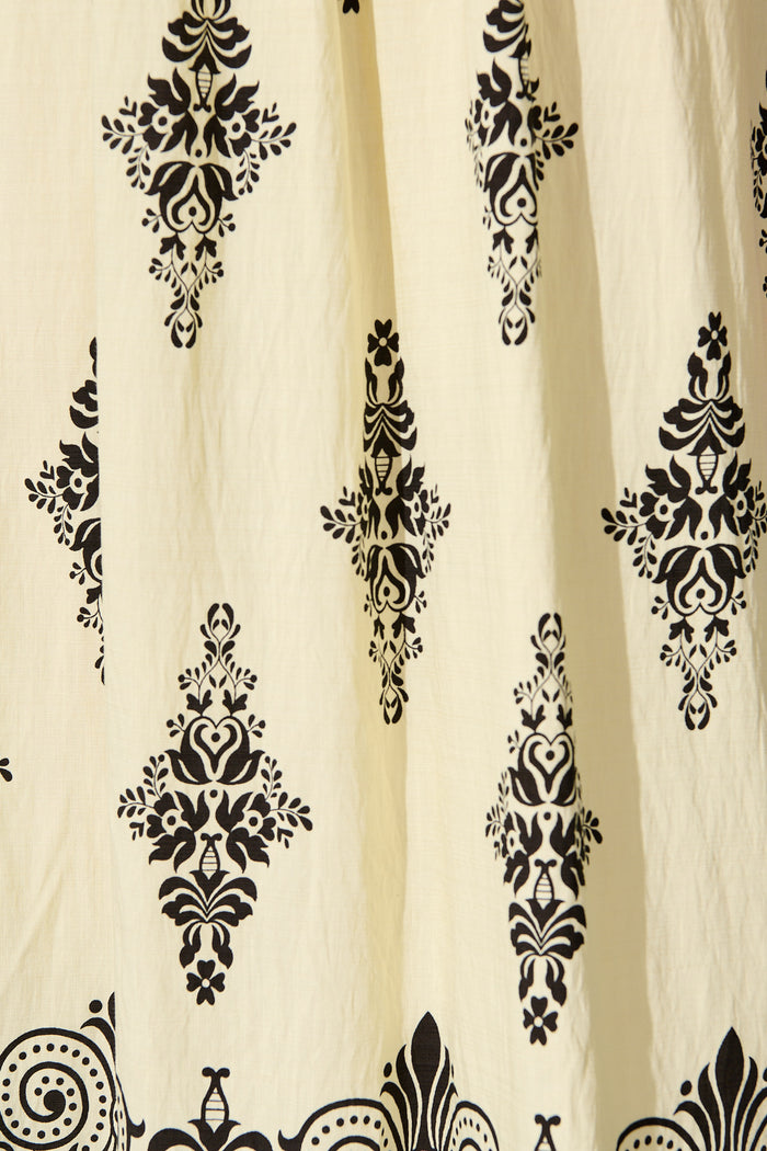 Ovina Maxi Sundress in Cream with Black Border Print Linen Blend fabric