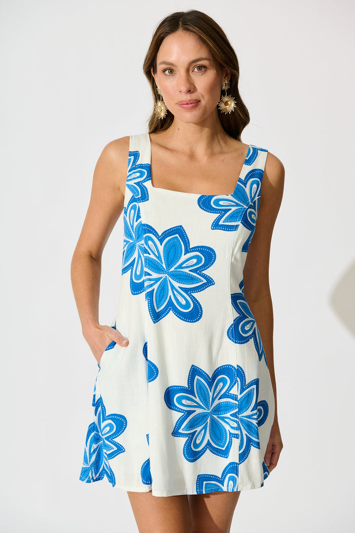 Zorella Dress in White with Blue Flower Linen Blend front
