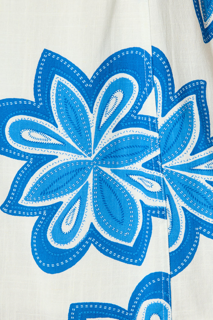 Zorella Dress in White with Blue Flower Linen Blend fabric