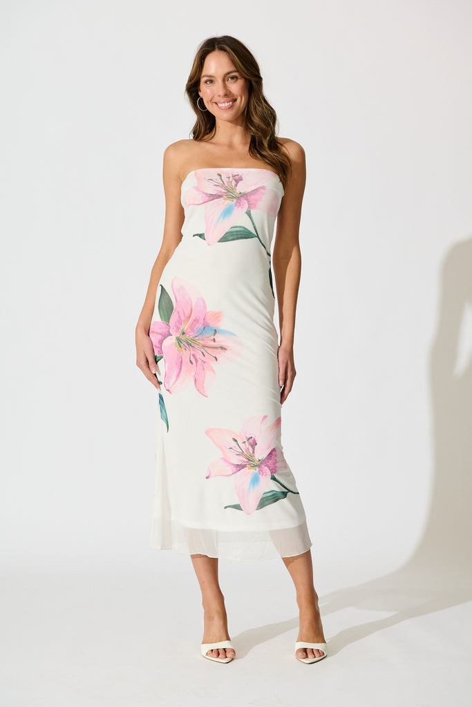 Elowen Midi Dress in White with Lilac Floral full length