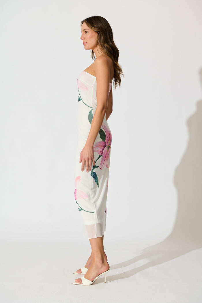 Elowen Midi Dress in White with Lilac Floral side