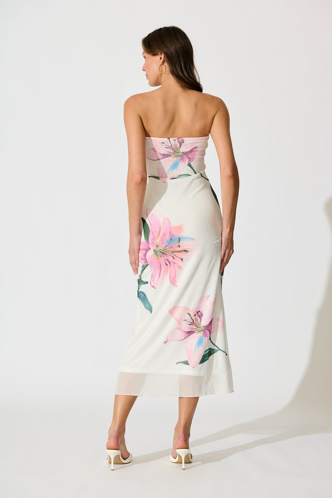 Elowen Midi Dress in White with Lilac Floral back