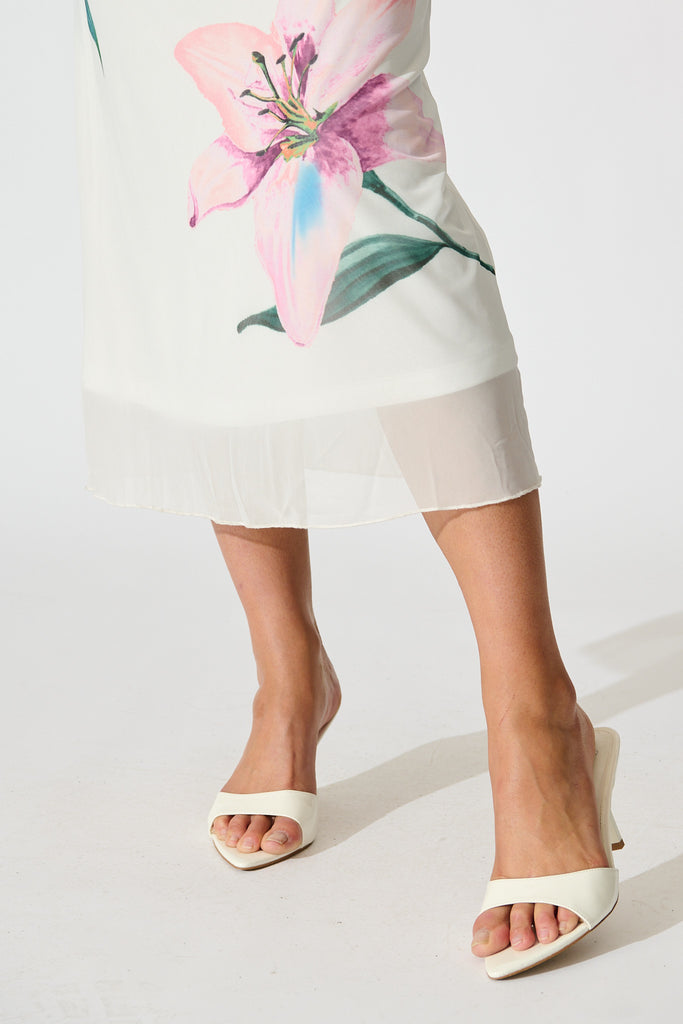 Elowen Midi Dress in White with Lilac Floral detail