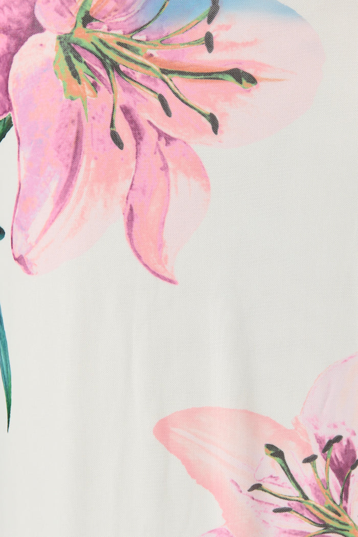 Elowen Midi Dress in White with Lilac Floral fabric