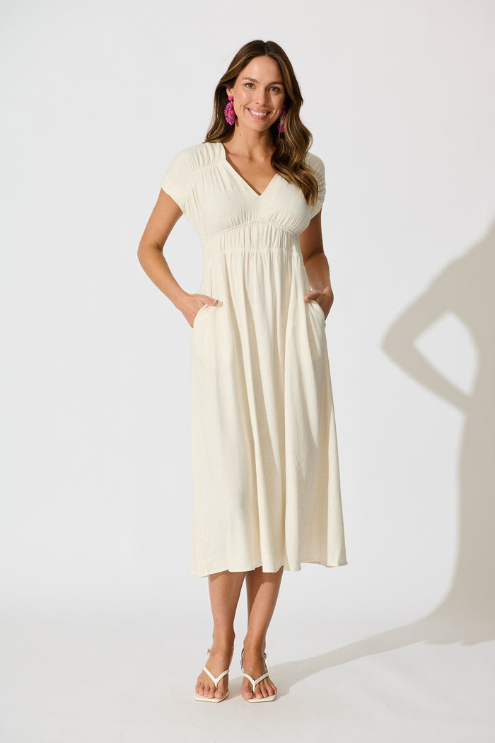 Ismaria Midi Dress in Oatmeal Linen Blend full length