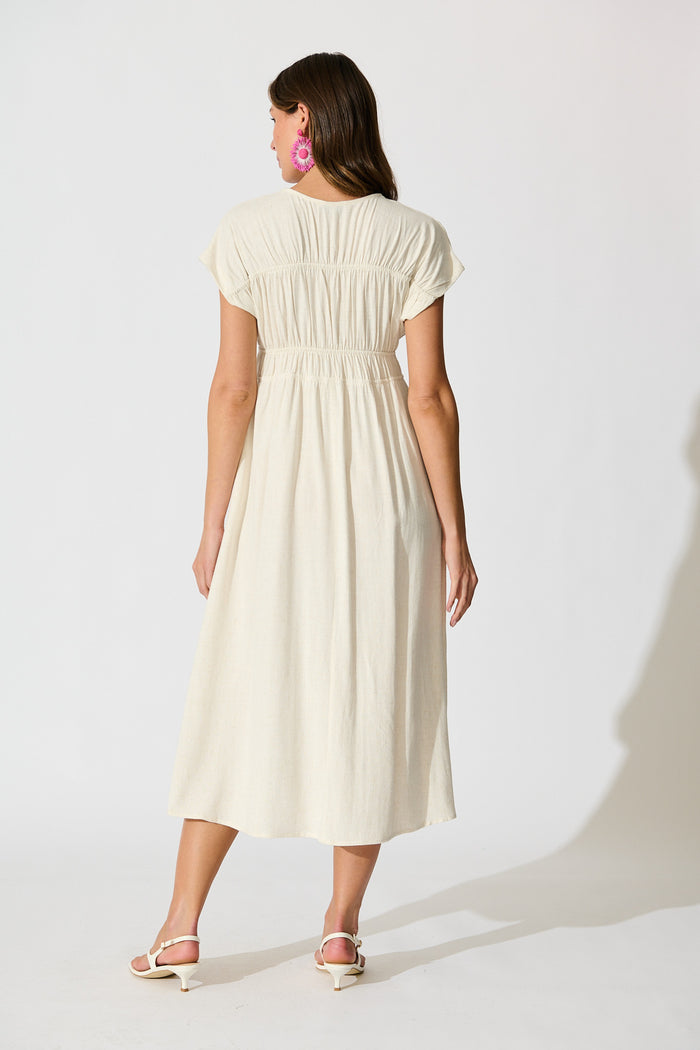 Ismaria Midi Dress in Oatmeal Linen Blend back
