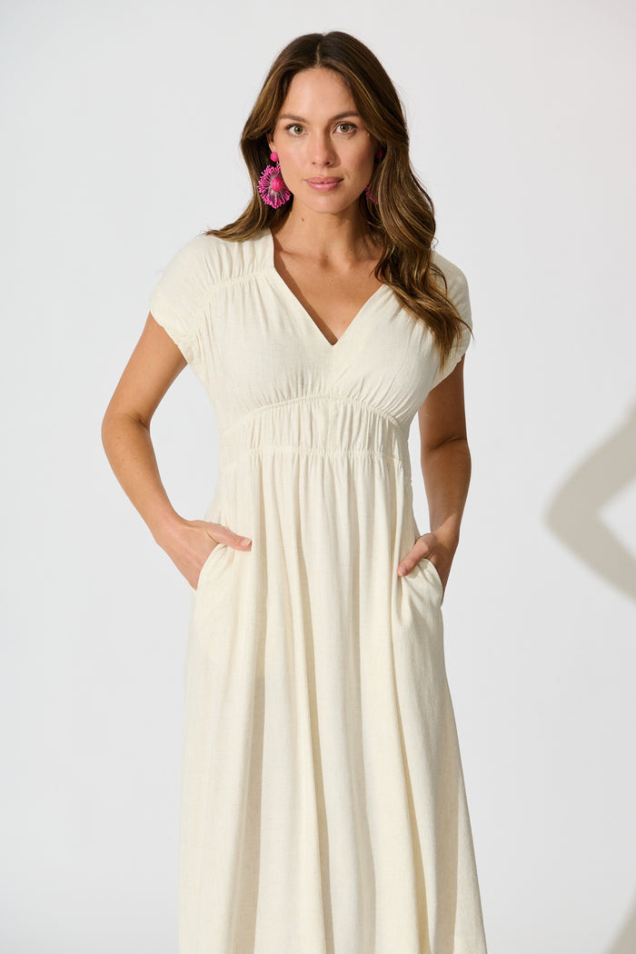 Ismaria Midi Dress in Oatmeal Linen Blend front