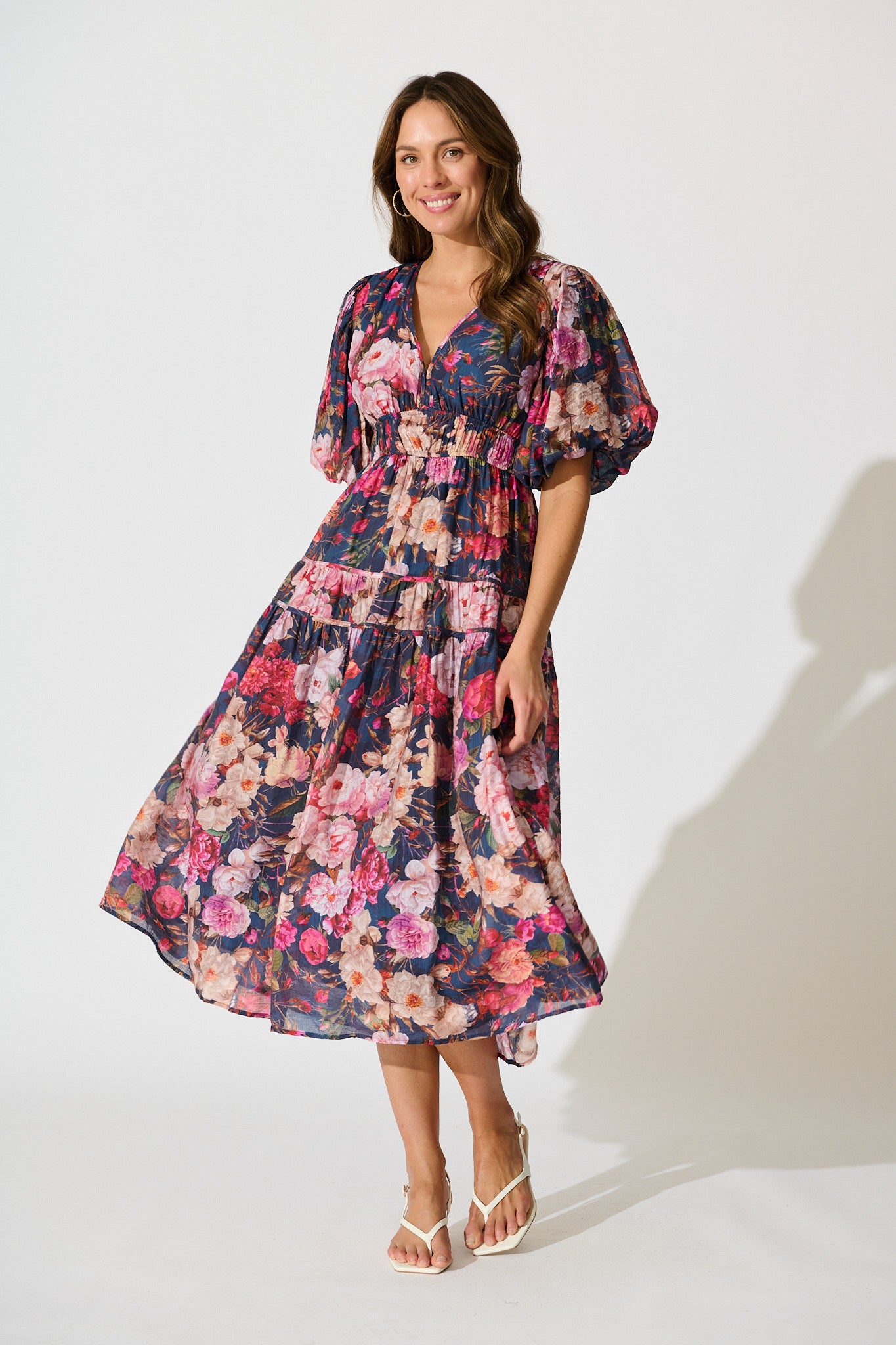 Amalie Midi Dress in Navy with Blush Floral full length