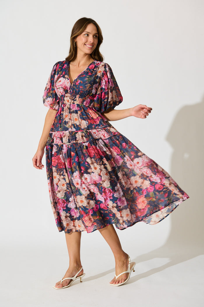Amalie Midi Dress in Navy with Blush Floral side