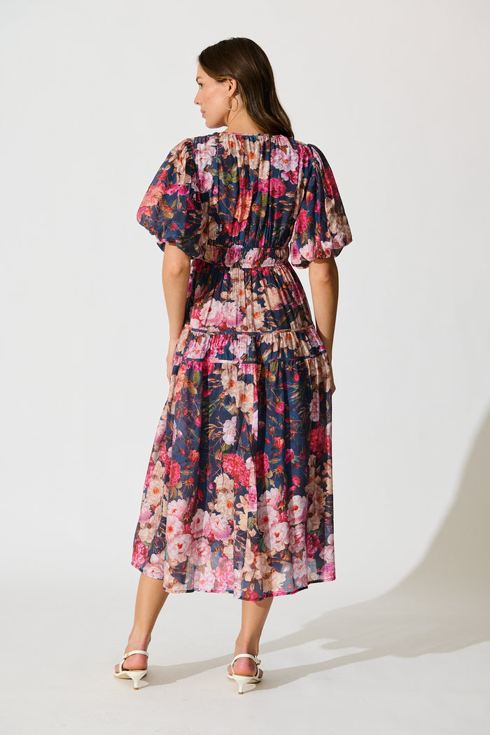 Amalie Midi Dress in Navy with Blush Floral back