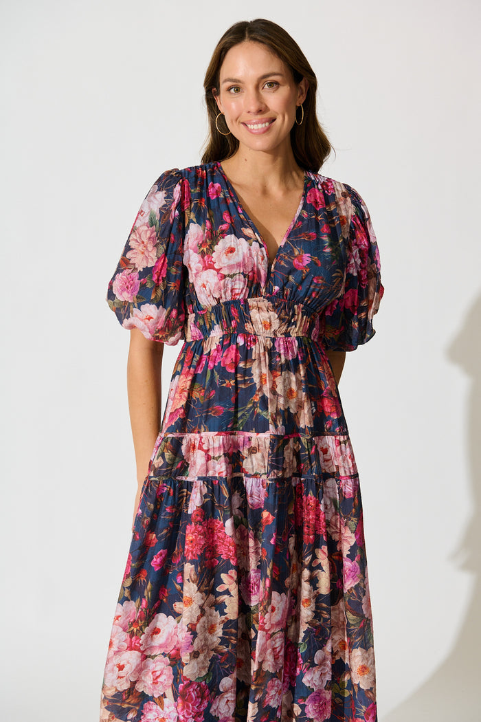 Amalie Midi Dress in Navy with Blush Floral front