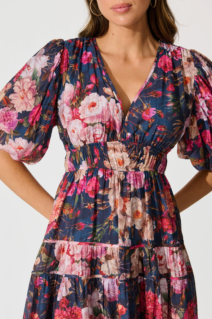 Amalie Midi Dress in Navy with Blush Floral detail