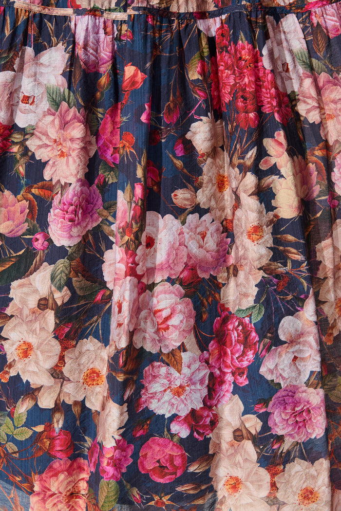 Amalie Midi Dress in Navy with Blush Floral fabric