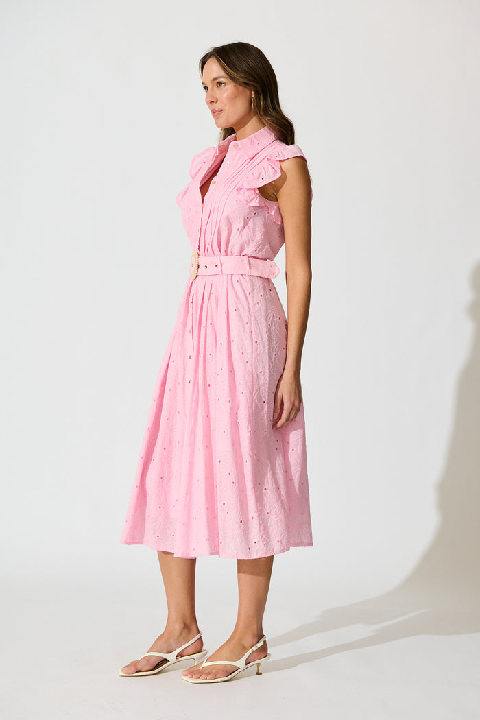 Jepson Midi Shirt Dress in Pink Broderie Cotton side