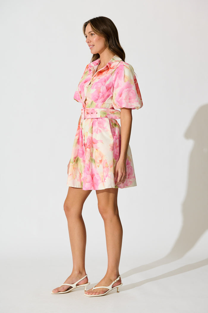 Flora Belle Shirt Dress in Pink Multi Floral Linen Blend side