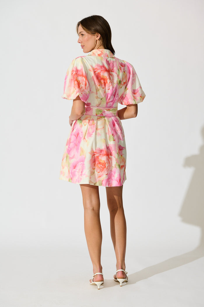 Flora Belle Shirt Dress in Pink Multi Floral Linen Blend back
