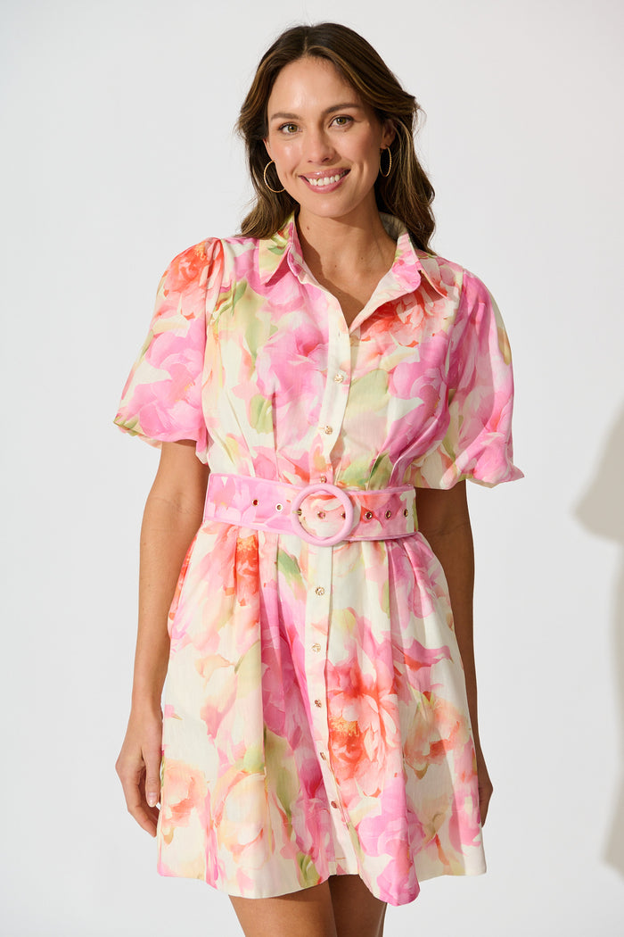 Flora Belle Shirt Dress in Pink Multi Floral Linen Blend front