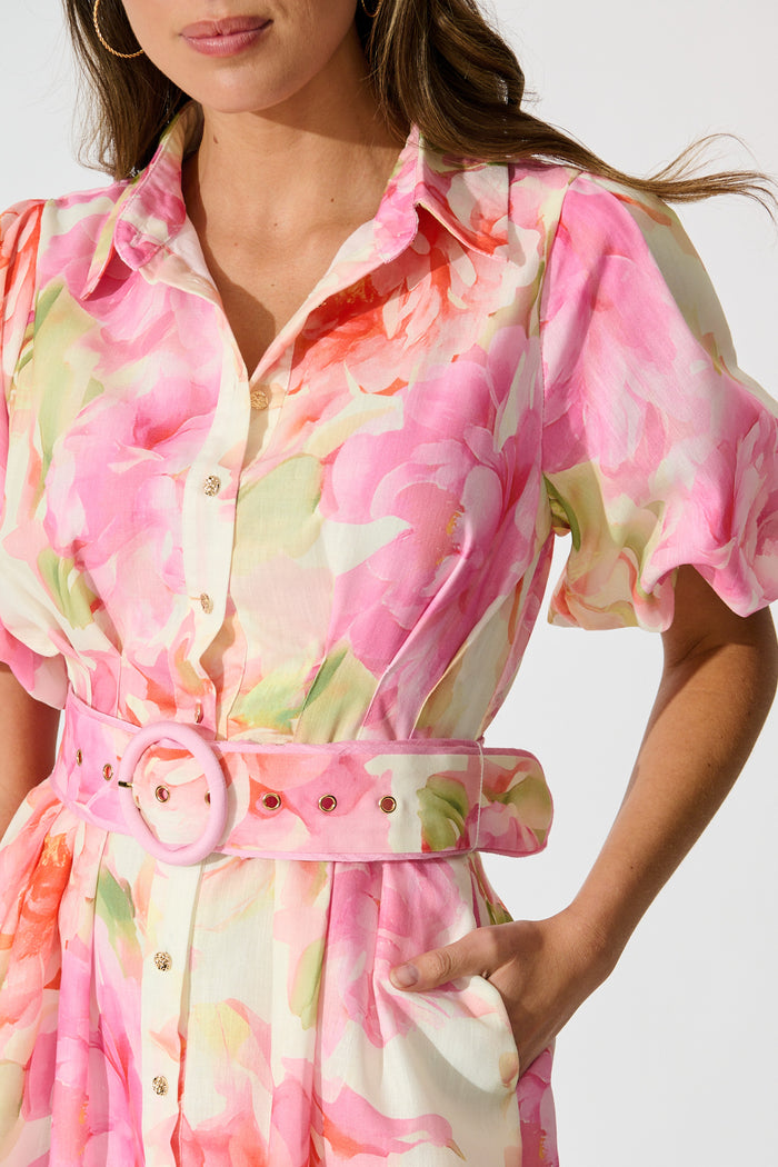 Flora Belle Shirt Dress in Pink Multi Floral Linen Blend detail