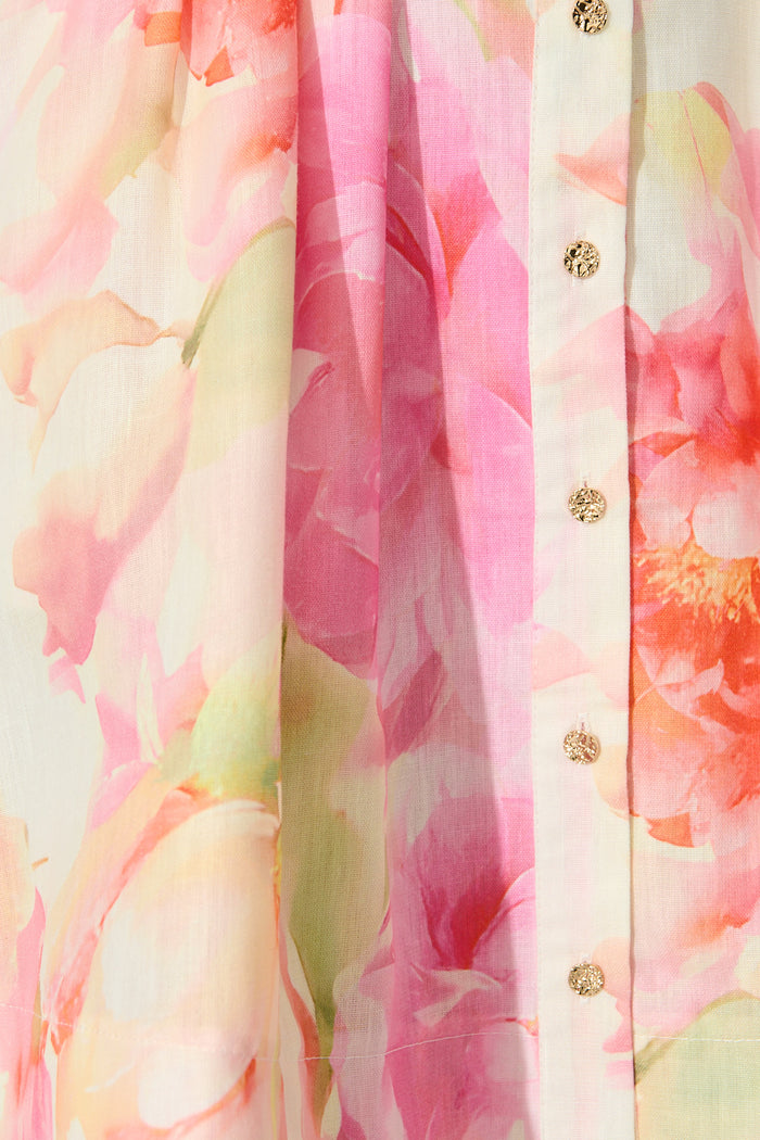 Flora Belle Shirt Dress in Pink Multi Floral Linen Blend fabric