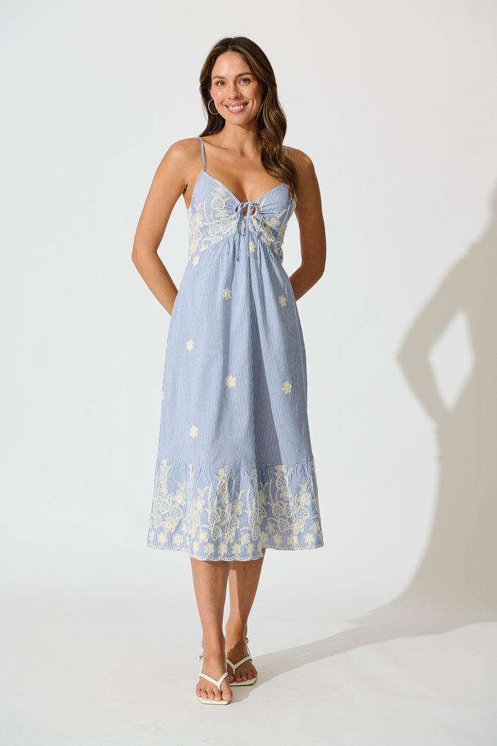 Dorah Midi Sundress in Blue Stripe with Floral Embroidery Cotton full length