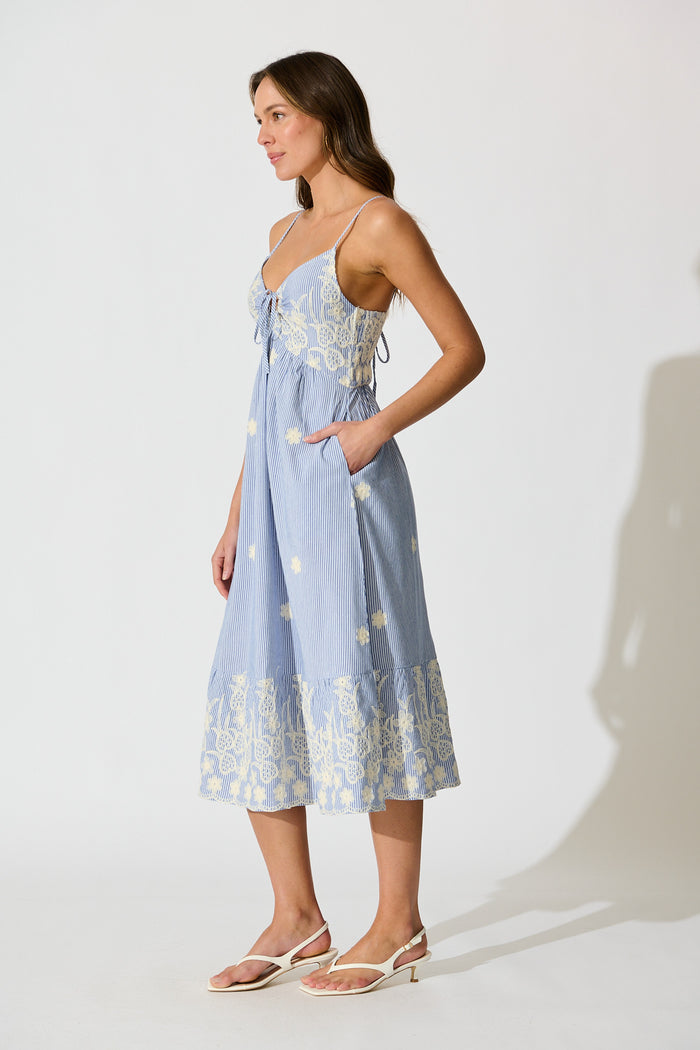 Dorah Midi Sundress in Blue Stripe with Floral Embroidery Cotton side