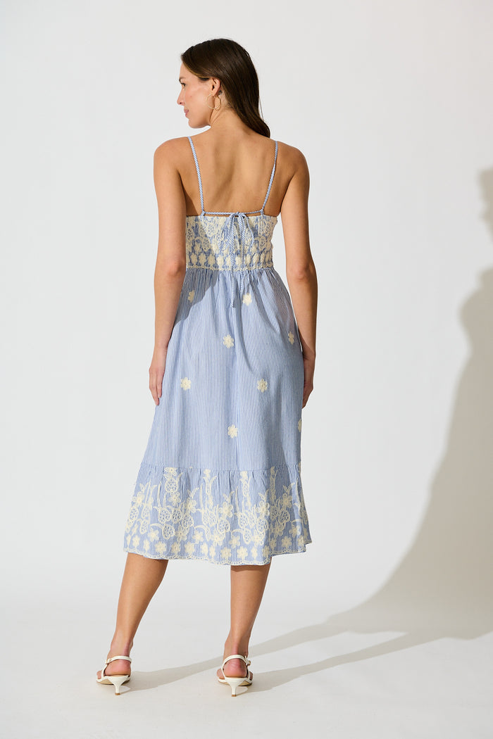 Dorah Midi Sundress in Blue Stripe with Floral Embroidery Cotton back